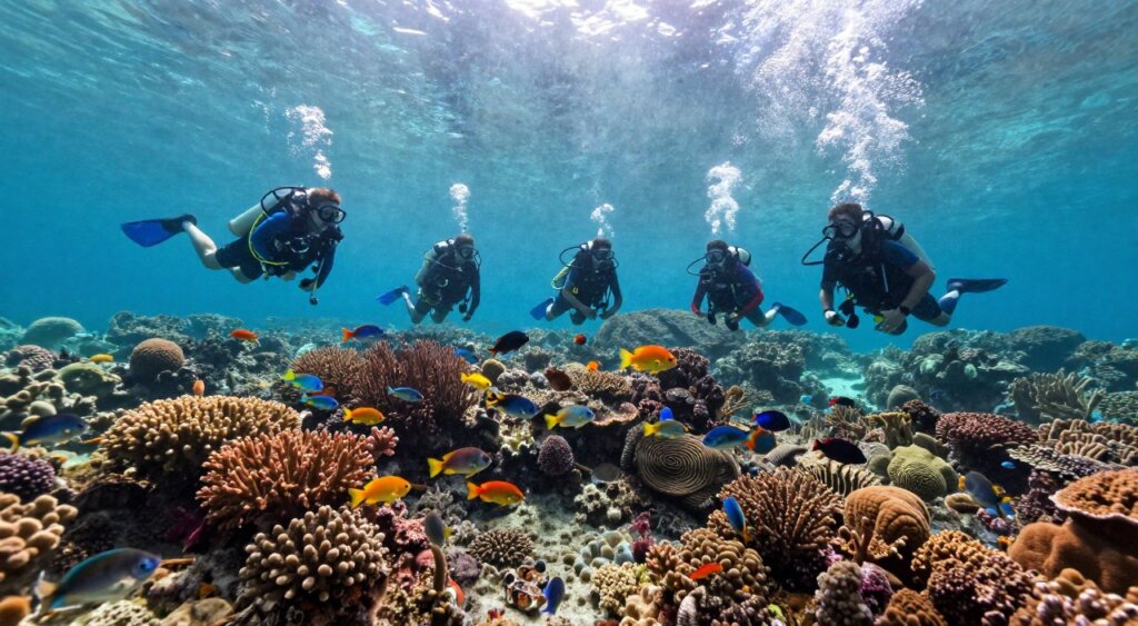A captivating underwater scene showcasing a vibrant coral reef in Raja Ampat, teeming with diverse marine life. In the foreground, a group of four divers in professional diving gear and modest attire, looking at a school of colorful fish swimming around them. The middle ground features a stunning array of corals in various shapes and colors, with some diver's fins creating gentle ripples in the water. In the background, the serene turquoise waters of Raja Ampat surround rocky islands, partially obscured by bright sunlight filtering through the surface. The scene captures the excitement and tranquility of diving, conveying a sense of adventure and discovery. The lighting is bright and natural, enhancing the vivid colors of marine life and corals, shot from an underwater perspective to emphasize depth and clarity. A captivating underwater scene showcasing a vibrant coral reef in Raja Ampat, teeming with diverse marine life. In the foreground, a group of four divers in professional diving gear and modest attire, looking at a school of colorful fish swimming around them. The middle ground features a stunning array of corals in various shapes and colors, with some diver's fins creating gentle ripples in the water. In the background, the serene turquoise waters of Raja Ampat surround rocky islands, partially obscured by bright sunlight filtering through the surface. The scene captures the excitement and tranquility of diving, conveying a sense of adventure and discovery. The lighting is bright and natural, enhancing the vivid colors of marine life and corals, shot from an underwater perspective to emphasize depth and clarity.