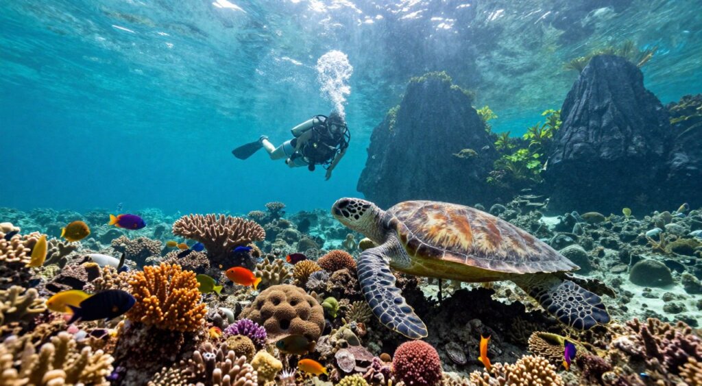 A captivating underwater scene showcasing the pristine diving conditions of Raja Ampat in April. In the foreground, a diverse array of colorful coral reefs teeming with vibrant marine life such as schools of tropical fish and majestic sea turtles gliding gracefully. The middle ground features a diver in modest, appropriate diving gear exploring the rich biodiversity, with sunlight filtering through the crystal-clear turquoise waters, creating beautiful shafts of light that illuminate the scene. In the background, hints of dramatic limestone karsts rise from the water's surface, framed by lush greenery. The atmosphere is serene and inviting, embodying the tranquility and beauty of Raja Ampat's underwater wonders in April. The image is captured with a wide-angle lens, using natural lighting to highlight the vivid colors and textures of the underwater environment, evoking a sense of adventure and exploration.