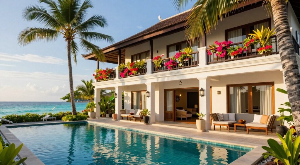 A charming mid-range boutique hotel on the Gili Islands, showcasing a blend of modern architecture and traditional Balinese elements. In the foreground, a serene outdoor swimming pool with palm trees lining the edges, reflecting the sunlight. The middle layer features the hotel itself, with beautifully designed balconies adorned with vibrant tropical flowers and cozy seating areas. In the background, stunning views of turquoise waters and a clear blue sky, creating a tranquil atmosphere. The scene is captured in warm, natural light, highlighting the inviting environment. The angle focuses on the hotel entrance, inviting guests to explore, while maintaining a feeling of relaxation and comfort. The image embodies a sense of peaceful retreat, ideal for a mid-range accommodation choice.