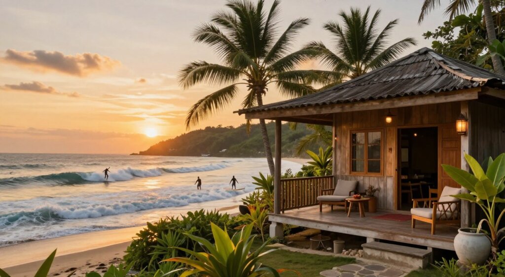 A charming surf accommodation nestled along the pristine coastline of Lombok, featuring a cozy wooden bungalow adorned with lush tropical plants. In the foreground, a welcoming porch with comfortable outdoor furniture invites relaxation after a day of surfing. The middle ground showcases surfers riding gentle waves under a vivid sunset sky, creating an exhilarating yet tranquil atmosphere. In the background, verdant hills frame the scene, with palm trees swaying lightly in the breeze. The lighting captures the warm golden hues of the setting sun, emphasizing the surf's dynamic motion. The image conveys a sense of adventure and serenity, embodying the perfect surf getaway in Lombok.