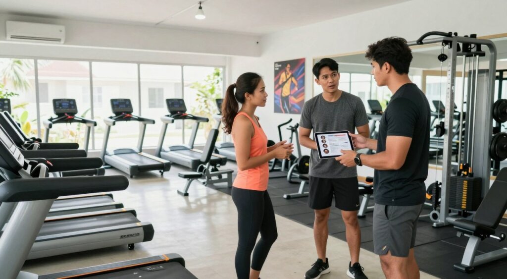 A clean, modern gym interior in Lombok features various fitness equipment like treadmills, weights, and resistance machines arranged neatly. In the foreground, a diverse group of three individuals, dressed in professional athletic wear, are engaged in discussions about different membership plans. One person is holding a tablet showing a visual membership brochure. The middle ground showcases sleek equipment and motivational posters on the walls, emphasizing a vibrant and inviting ambiance. In the background, large windows let in natural light, creating a bright and airy atmosphere. The angle captures the dynamic activity while highlighting the gym's facilities, conveying a sense of inspiration and health-focused community. The overall mood is uplifting and energetic, perfect for showcasing the types of membership plans available.