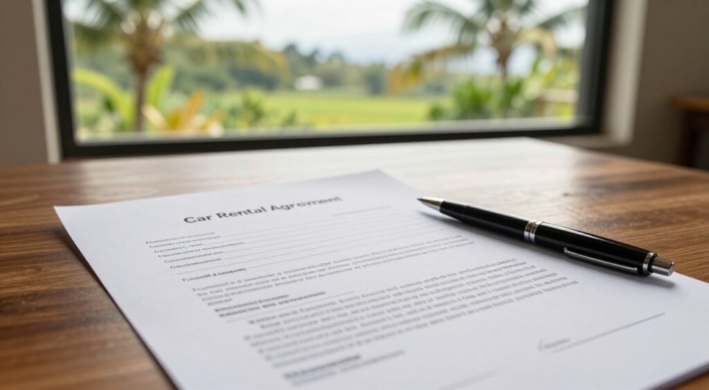 A close-up of a professional car rental agreement document spread across a wooden table, with a pen placed beside it, ready for signing. In the background, a scenic view of Lombok’s lush greenery and palm trees through a large window, softly illuminated by natural sunlight. The focus is sharp on the detailed text of the agreement, showcasing terms and conditions clearly, while the blur of the background adds depth to the image. The lighting is warm and inviting, creating a sense of trust and professionalism. The atmosphere is serene and focused, reflecting the importance of understanding rental agreements in a car hire context. The overall composition evokes a sense of business professionalism, ensuring a clear presentation of the document without any text overlays.