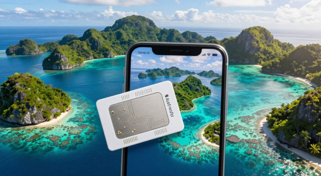 A close-up of an eSIM card prominently displayed in the foreground, detailed with tiny circuits and identifying features. In the middle ground, include a transparent smartphone screen showcasing a digital map of Raja Ampat’s vibrant islands, reflecting its pristine waters and lush landscapes. The background features a stunning aerial view of Raja Ampat, with its iconic turquoise lagoons, green karst islands, and coral reefs under a clear blue sky. The lighting is bright and natural, capturing the sun's warmth on the islands while creating soft shadows to enhance depth. The atmosphere is serene and inviting, evoking a sense of adventure and connectivity in a remote paradise, ideal for travel enthusiasts seeking modern technology in exotic locations. A close-up of an eSIM card prominently displayed in the foreground, detailed with tiny circuits and identifying features. In the middle ground, include a transparent smartphone screen showcasing a digital map of Raja Ampat’s vibrant islands, reflecting its pristine waters and lush landscapes. The background features a stunning aerial view of Raja Ampat, with its iconic turquoise lagoons, green karst islands, and coral reefs under a clear blue sky. The lighting is bright and natural, capturing the sun's warmth on the islands while creating soft shadows to enhance depth. The atmosphere is serene and inviting, evoking a sense of adventure and connectivity in a remote paradise, ideal for travel enthusiasts seeking modern technology in exotic locations.