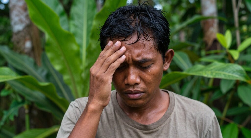 A close-up photograph of a person experiencing common malaria symptoms, set against a backdrop of lush tropical flora typical of Raja Ampat, Indonesia. The individual, dressed in modest casual clothing, displays a pained expression with beads of sweat on their forehead, indicative of fever and chills. Empty shadows hint at their weakened state as they grasp their forehead with one hand, symbolizing a headache. The lighting is soft and natural, capturing the vibrant greens of the foliage while highlighting the individual's earnest struggle. The photo is taken from a slightly elevated angle, drawing the viewer's focus to the subject's expression and the surrounding environment, evoking a sense of urgency and seriousness about malaria awareness. A close-up photograph of a person experiencing common malaria symptoms, set against a backdrop of lush tropical flora typical of Raja Ampat, Indonesia. The individual, dressed in modest casual clothing, displays a pained expression with beads of sweat on their forehead, indicative of fever and chills. Empty shadows hint at their weakened state as they grasp their forehead with one hand, symbolizing a headache. The lighting is soft and natural, capturing the vibrant greens of the foliage while highlighting the individual's earnest struggle. The photo is taken from a slightly elevated angle, drawing the viewer's focus to the subject's expression and the surrounding environment, evoking a sense of urgency and seriousness about malaria awareness.