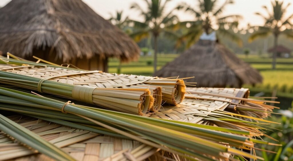 A close-up, professional photojournalism-style image showcasing various traditional thatching materials from Bali. In the foreground, focus on tightly bundled layers of palm fronds and grass, highlighting their texture and natural colors. In the middle ground, display partially assembled thatched roofs, demonstrating how these materials are woven together. The background captures a serene Balinese landscape, with rice paddies or a coconut grove bathed in warm, soft golden light suggesting early morning or late afternoon. The atmosphere feels tranquil and authentic, evoking the rich cultural heritage of Bali. Use a shallow depth of field to emphasize the materials and create a soft bokeh effect in the background.