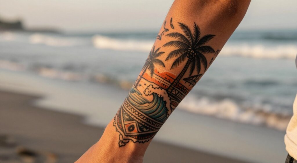 A close-up view of a forearm adorned with a unique and intricate tattoo design inspired by the vibrant culture of Canggu. The tattoo features tropical elements like waves, palm trees, and intricate geometric patterns, beautifully intertwined to capture the essence of Bali's surf and art culture. The background showcases a soft, blurred beach scene with gentle waves lapping at the shore, creating a serene atmosphere. The lighting is warm and golden, reminiscent of a sunset, highlighting the details and depth of the tattoo ink. The angle is slightly tilted, emphasizing the tattoo and arm in a natural, relaxed pose, reflecting the laid-back lifestyle of Canggu. The overall mood is artistic and trendy, with a focus on modern tattoo aesthetics.