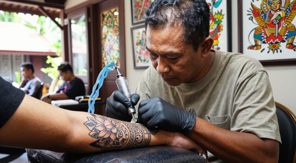 A close-up view of a skilled tattoo artist at work in a trendy Seminyak tattoo studio, showcasing traditional Balinese tattoos on a client's forearm. The artist, a middle-aged Balinese man in modest casual clothing, focuses intently on his craft, surrounded by vibrant artwork and tattoo flash on the walls. Natural light filters through large windows, illuminating the intricate designs, featuring motifs like lotus flowers, spiritual symbols, and nature-inspired patterns. The atmosphere is artistic and relaxed, reflecting the rich culture of tattooing in Seminyak. The angle captures both the artistry and the intimate connection between the artist and client, offering a glimpse into the rich heritage of tattoo culture in this vibrant area.