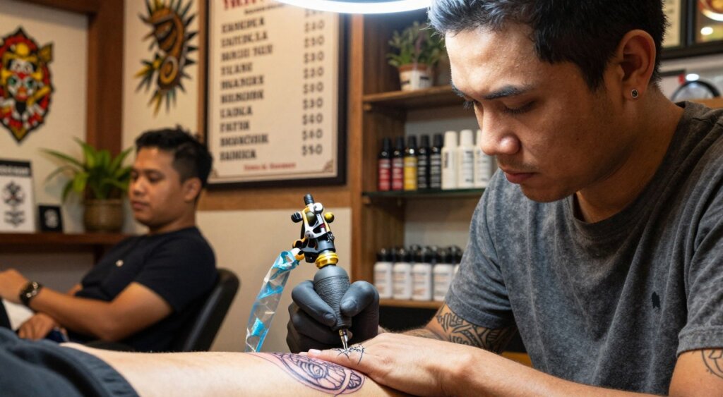 A close-up view of a tattoo studio in Seminyak, showcasing a professional tattoo artist at work, dressed in casual but neat clothing. In the foreground, a detailed tattoo machine is in action, with intricate designs on the skin of a client, who is comfortably seated with a focused expression. The middle ground features tattoo price charts displayed elegantly on a wooden wall, highlighting various designs and their associated costs in a visually appealing manner. The background captures warm, ambient lighting, creating an inviting atmosphere filled with artistic decorations, plants, and shelves displaying tattoo supplies. The composition is shot with a shallow depth of field, emphasizing the artist and the tattoo machine while softly blurring the background for a cozy, professional vibe, aiming for realism akin to National Geographic quality photojournalism.