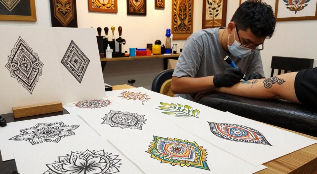 A collection of contemporary Seminyak tattoo design ideas displayed on a variety of skin tones, showcasing intricate patterns and vibrant colors. In the foreground, focus on several tattoo sketches featuring Balinese-inspired motifs, geometric shapes, and botanical elements, each boasting unique line work and shading. In the middle ground, include a well-lit tattoo studio atmosphere, adorned with artistic decor and tattoo tools, with a glimpse of a professional tattoo artist in modest casual clothing working on a client’s arm. The background should feature warm, inviting lighting with natural wood elements contributing to a relaxed, artistic ambiance. Capture this scene from a slightly angled perspective to emphasize depth and detail, evoking a creative and inspiring mood.