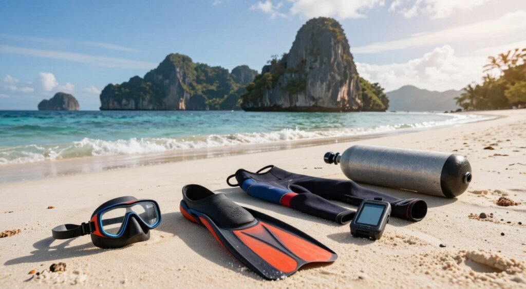 A collection of essential diving gear arranged on a sandy beach in Raja Ampat, Indonesia. In the foreground, include a high-quality scuba mask, fins, a wetsuit neatly folded, an oxygen tank, and a dive computer, showcasing vibrant colors and textures. In the middle ground, gently lapping waves and coral formations hint at the rich underwater environment nearby. In the background, jagged limestone islands rise against a clear blue sky, accentuated by soft, warm sunlight filtering through wispy clouds. Capture the mood of adventure and tranquility, emphasizing the pristine natural beauty of the location. Use a slightly angled perspective to add depth, ensuring a professional photojournalism style that invites viewers into the underwater exploration experience.