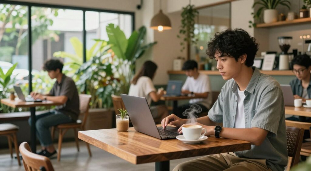 A cozy Seminyak café designed for remote work, featuring a stylish wooden table with a sleek laptop and a steaming cup of coffee. In the foreground, a person in smart casual attire is seated, deeply focused on their work. The middle ground showcases an inviting café environment with lush tropical plants, modern decorative elements, and large windows allowing soft, natural light to flood the space. In the background, other remote workers can be seen, each engaging with their devices, contributing to a vibrant yet tranquil atmosphere. The scene captures the essence of productivity and relaxation, embodying the charm of Bali's café culture. The photo is taken with a slight depth of field, emphasizing the character of the workspace while maintaining a balanced composition.