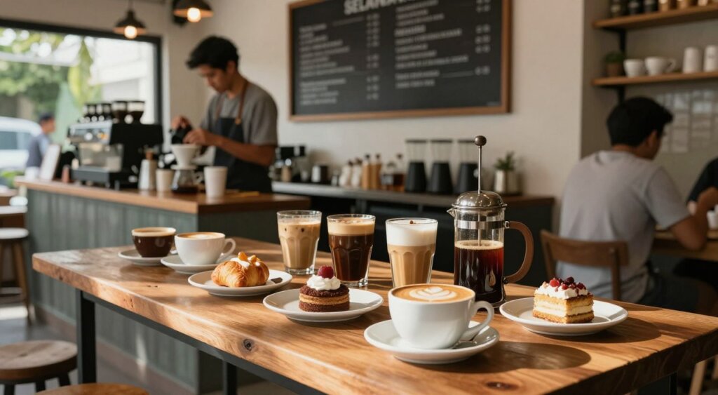 A cozy Seminyak cafe interior, highlighting a stunning array of coffee varieties artfully arranged on a rustic wooden table. In the foreground, focus on elegantly crafted coffee cups featuring latte art, a French press with freshly brewed coffee, and small plates of artisanal pastries. In the middle ground, a barista in casual yet tidy attire prepares a specialty pour-over coffee behind the counter, with a chalkboard menu displaying the café's unique offerings in the background. Soft natural light filters through large windows, casting warm shadows and enhancing the inviting atmosphere. The scene conveys a relaxed yet vibrant social vibe typical of Seminyak, evoking a sense of community and appreciation for gourmet coffee culture.