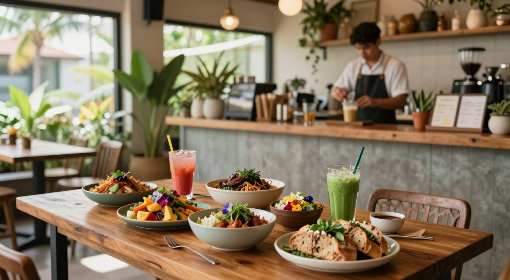 A cozy and inviting Seminyak cafe scene showcasing an array of beautifully presented vegan dishes. In the foreground, a wooden table adorned with a vibrant, colorful spread of vegan bowls, fresh smoothies, and artisanal bread garnished with herbs and edible flowers. In the middle ground, a barista skillfully preparing a drink, with stylish plants and rustic decor creating a warm atmosphere. The background features large windows letting in soft, natural light, casting gentle shadows and highlighting the lively ambiance. The overall mood is relaxed and welcoming, capturing the essence of health-conscious dining in a trendy tropical setting. The image is shot with a soft focus using a wide-angle lens to evoke a sense of space and community without any captions or overlays.