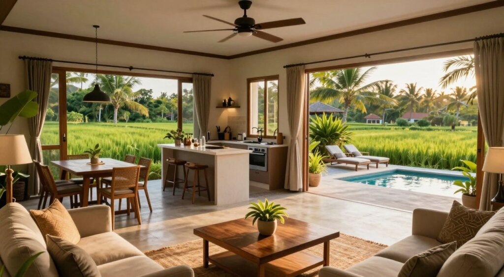A cozy and inviting long-term rental property in Canggu, surrounded by lush tropical greenery and rice paddies. In the foreground, a stylish and modern living room features comfortable seating with tasteful decor, a coffee table adorned with a small plant, and a ceiling fan gently spinning. In the middle ground, an open kitchen showcases high-quality appliances, an island with bar stools, and a dining area with natural light streaming in through large windows. The background presents a serene outdoor patio with a small pool, sun loungers, and potted plants, all bathed in warm, golden hour lighting. The atmosphere is relaxed and welcoming, evoking a sense of home and tranquility. Shot from a slightly elevated angle to capture the layout effectively, reminiscent of professional travel photography.