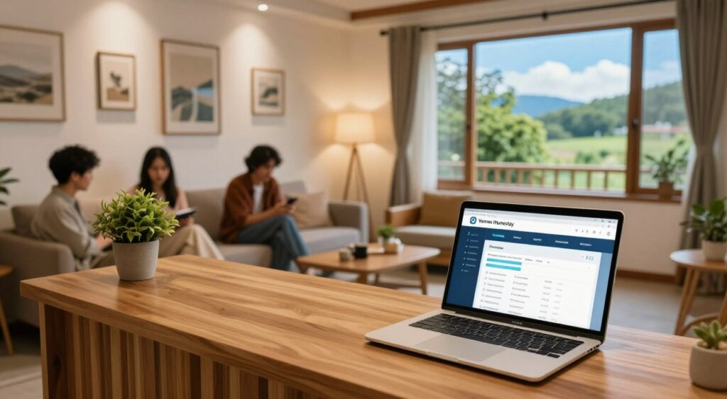 A cozy and inviting scene of an affordable homestay booking experience at Yenros Homestay. In the foreground, a warm wooden reception desk adorned with a small potted plant and an open laptop displaying a booking interface. The middle ground features a comfortable lounge area with soft lighting, showcasing tasteful decor, local artwork, and inviting furniture. Guests, dressed in modest casual clothing, are discussing plans and checking their phones. In the background, large windows reveal a picturesque view of lush greenery and a clear blue sky, enhancing the serene atmosphere. Soft, diffused lighting from the windows creates a welcoming ambiance, captured with a slightly angled lens to convey depth and professionalism. This scene evokes a sense of tranquility and the joy of finding a budget-friendly vacation option.