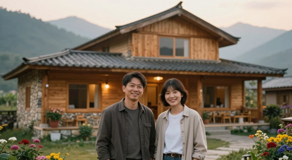A cozy and inviting scene of the hosts at Yenros Homestay, featuring two friendly individuals standing in front of a traditional, rustic lodge made of warm wood and stone. The foreground includes the hosts dressed in modest casual clothing, smiling warmly, with a welcoming demeanor. In the middle, the homestay's exterior is adorned with vibrant flowers and greenery, emphasizing a nurturing, homey atmosphere. The background showcases misty mountains under soft, golden-hour lighting, creating a serene and peaceful ambiance. The image should have a shallow depth of field, focusing on the hosts while gently blurring the lodge and mountains behind them, evoking a sense of warmth and hospitality, perfect for capturing the essence of a tranquil homestay experience.
