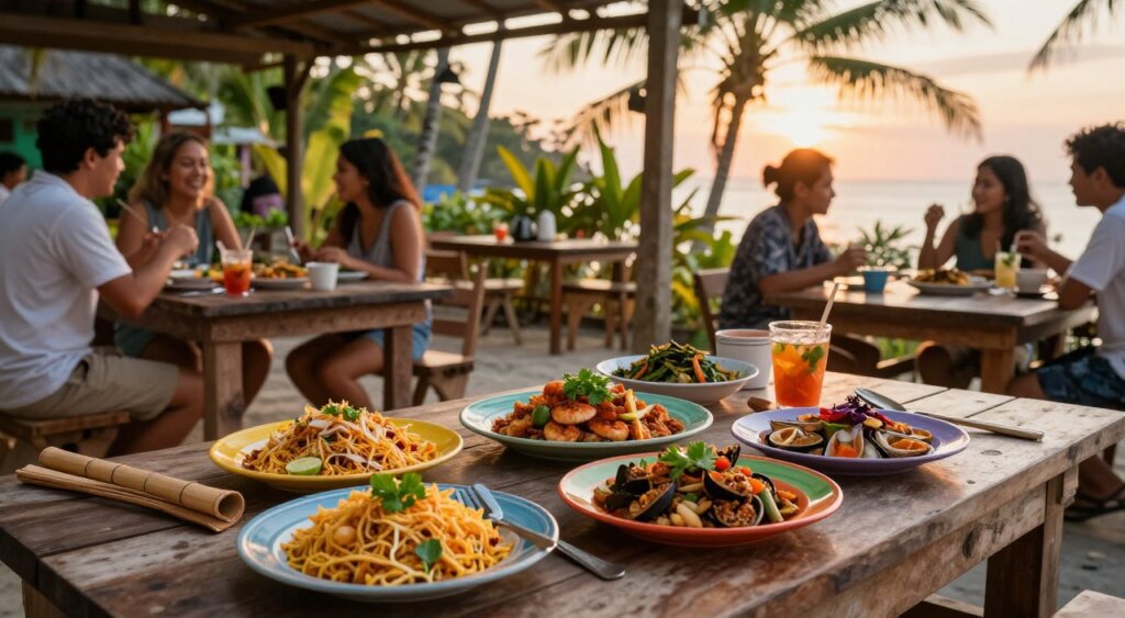 A cozy, inviting budget warung on Gili Air, showcasing a beautifully arranged table filled with an assortment of delicious local dishes such as Nasi Goreng, Gado-Gado, and fresh seafood. In the foreground, close-up of vibrant, colorful plates garnished with herbs, next to traditional bamboo utensils. The middle ground features rustic wooden tables with simple, tasteful table settings and friendly tourists enjoying their meals in modest casual attire, sharing laughter and conversation. The background captures the relaxed atmosphere with lush tropical plants and palm trees swaying gently in a warm sunset glow, casting soft, golden light across the scene. The composition should convey a sense of warmth and community, ideal for budget travelers seeking authentic culinary experiences.