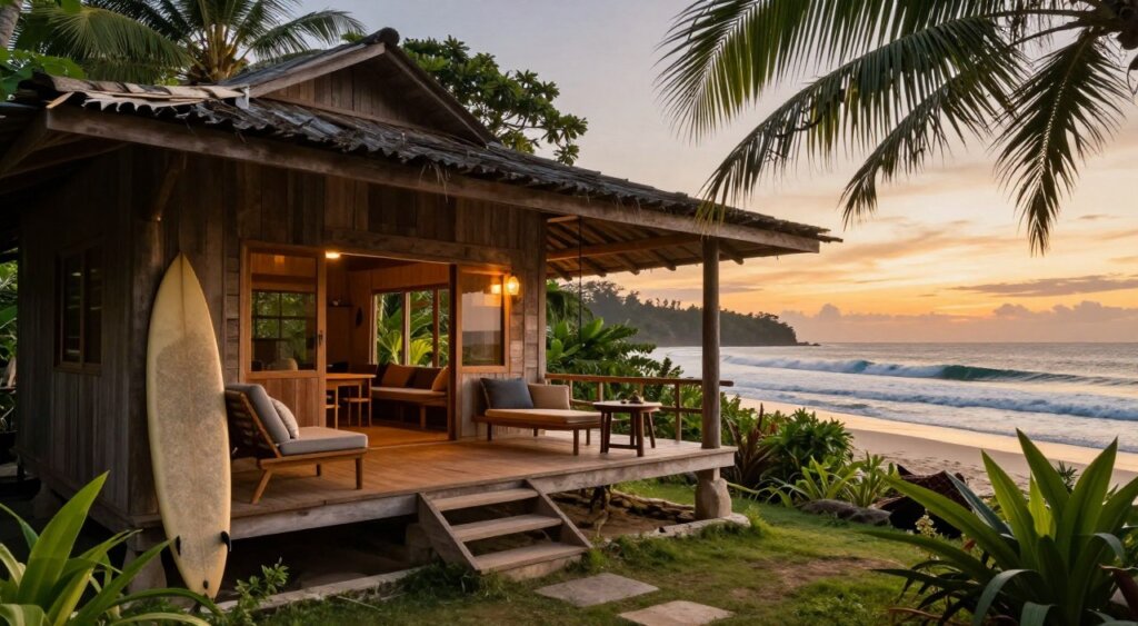 A cozy surf accommodation in Lombok, featuring a rustic wooden bungalow surrounded by lush tropical greenery. In the foreground, a surfboard rests against the wall, hinting at the surfing experience within. The middle layer showcases the inviting patio area, adorned with comfortable lounge chairs and a table, perfect for relaxation after a day on the waves. In the background, the silhouette of a beautiful beach and rolling waves under a vibrant sunset sky create a serene atmosphere. Soft golden light bathes the scene, enhancing the natural textures of the wood and the foliage. Capture the essence of a surfer's paradise for travelers seeking adventure and relaxation. Use a wide-angle lens to emphasize the spaciousness and tranquility of this idyllic location.