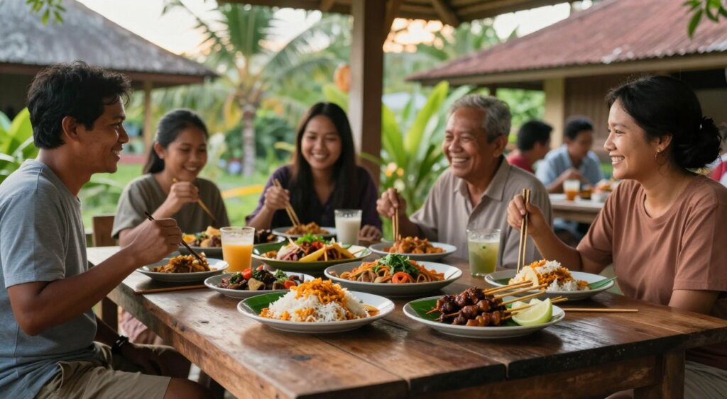 A cozy warung in Lombok offering affordable dining, captured in a vibrant, natural setting. The foreground features a rustic wooden table with traditional Indonesian dishes, such as Nasi Goreng and satay skewers, beautifully plated and garnished. In the middle ground, patrons are enjoying their meals, depicted in modest casual clothing, with warm smiles and laughter reflecting the inviting atmosphere. The background showcases lush tropical greenery typical of Lombok, with hints of local architecture in soft-focus, adding depth. The scene is illuminated by soft, warm lighting of the late afternoon sun, evoking a relaxed and friendly mood. A wide-angle lens captures the essence of community dining, inviting viewers into a delightful cultural experience.