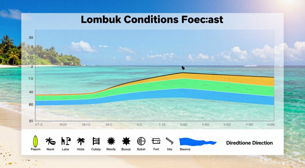 A detailed Lombok surf conditions forecast chart, illustrating wave heights, wind speeds, and swell direction. In the foreground, realistic icons representing surf conditions, such as surfboards and palms. The middle layer shows a clear, well-organized chart with vibrant colors, highlighting ideal surfing days, with arrows indicating wind direction. The background features a beautiful Lombok coastal landscape with turquoise waters and sandy beaches under a bright blue sky. The lighting should mimic the warm, inviting glow of a sunny day, enhancing the vibrant colors of the water and chart. Capture a professional, informative mood, reminiscent of high-quality National Geographic photojournalism. No text or watermarks.