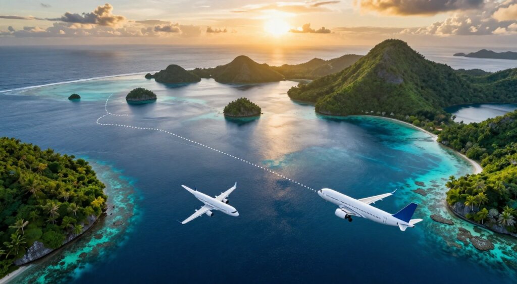 A detailed aerial map illustrating the flight route to Raja Ampat, showcasing a vibrant palette of blues and greens. In the foreground, include a stylized airplane flying towards the picturesque islands, its flight path traced with dotted lines. The middle section features clear ocean waters around the archipelago, dotted with small tropical islands and coral reefs, surrounded by lush vegetation. In the background, a warm sunset casts golden hues over the sky, enhancing the tranquil atmosphere. The lens captures the scene at a slight angle to emphasize depth, resembling a National Geographic photograph, with a focus on clarity and vibrant colors. The overall mood is adventurous yet serene, inviting travelers to explore the beauty of Raja Ampat.