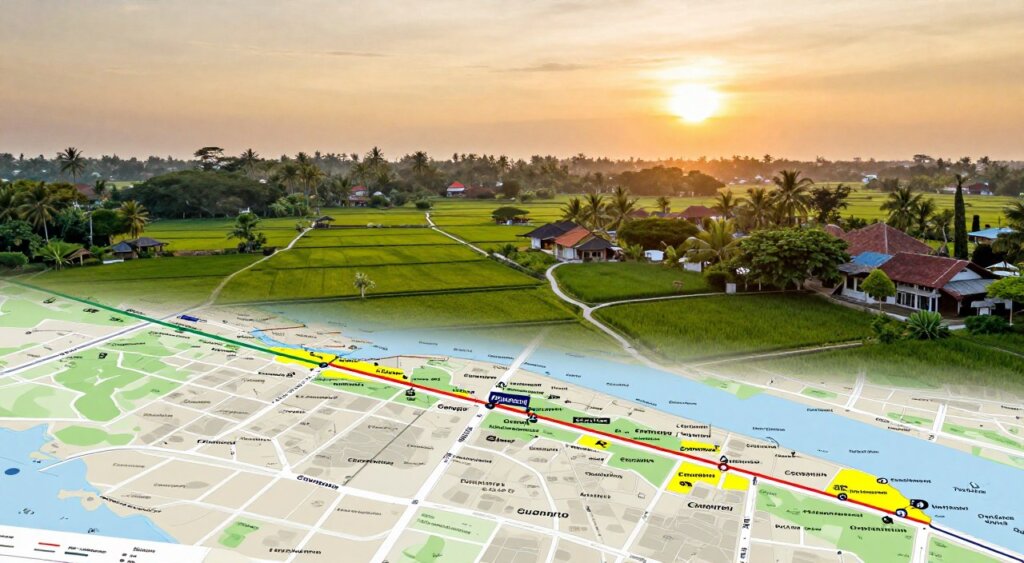 A detailed and realistic map illustrating the postcode location of Canggu, featuring vivid colors and precise geographical details. The foreground showcases the prominent streets and landmarks within Canggu, intricately labeled and highlighted. In the middle ground, lush greenery and rice fields represent the natural beauty of the region, with clear pathways connecting various neighborhoods. The background displays a soft sunset over the horizon, casting a warm golden glow across the landscape. The mood is calm and inviting, reflecting the vibrant yet tranquil essence of Canggu. The map is created in a professional photojournalism style, emphasizing accuracy and informative visuals, with no text overlays or watermarks.