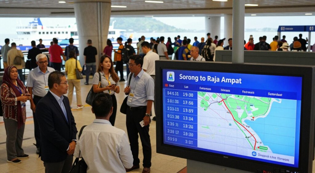 A detailed and vibrant image of a ferry schedule display in a busy terminal, focusing on the "Sorong to Raja Ampat" route. In the foreground, a clean and organized digital screen shows departure times with a map highlighting the route. The middle ground features travelers, both locals and tourists, dressed in professional business attire and modest casual clothing, engaged in conversations while checking schedules. The background includes a bustling terminal atmosphere with soft ambient lighting and large windows showing views of a ferry ready to depart. Capture this scene from a slightly elevated angle, emphasizing the activity and anticipation surrounding ferry travel to an exotic destination, evoking a sense of adventure and connection to nature.