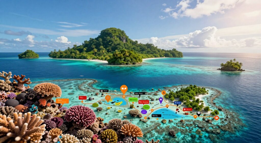 A detailed and vibrant interactive dive map of Raja Ampat, showcasing its stunning underwater landscapes. In the foreground, display various dive sites marked with colorful icons, emphasizing corals and marine life. The middle layer should feature an overview of the islands in Raja Ampat, with lush green vegetation and turquoise waters, blending seamlessly into delicate coral reefs. In the background, depict a clear blue sky with a few wispy clouds, illuminated by warm sunlight, creating a tranquil and inviting atmosphere. Use a high-resolution lens to capture intricate details and textures of the coral formations. The overall mood should be adventurous and educational, embodying the essence of exploration in one of the world's premier diving destinations.