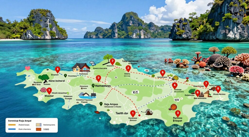 A detailed and vibrant map of Raja Ampat showcasing various accommodation options and diving locations, rendered in an illustrative and clear style. In the foreground, include distinct markers and icons representing homestays and dive spots, with corresponding numbers or symbols for easy reference. The middle ground should display colorful coral reefs and marine life, highlighted in a naturalistic way, enhancing the tourist appeal. The background features the dramatic landscape of Raja Ampat, with its iconic limestone islands and turquoise waters, bathed in bright, natural sunlight to convey a sense of natural beauty and adventure. Aim for a professional photojournalism quality, capturing the essence of a diving paradise with depth and clarity, showcasing the vibrant ecosystem of the area meticulously. A detailed and vibrant map of Raja Ampat showcasing various accommodation options and diving locations, rendered in an illustrative and clear style. In the foreground, include distinct markers and icons representing homestays and dive spots, with corresponding numbers or symbols for easy reference. The middle ground should display colorful coral reefs and marine life, highlighted in a naturalistic way, enhancing the tourist appeal. The background features the dramatic landscape of Raja Ampat, with its iconic limestone islands and turquoise waters, bathed in bright, natural sunlight to convey a sense of natural beauty and adventure. Aim for a professional photojournalism quality, capturing the essence of a diving paradise with depth and clarity, showcasing the vibrant ecosystem of the area meticulously.