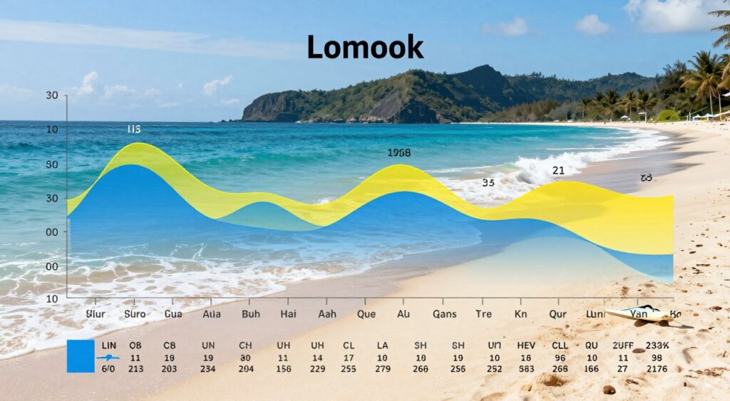 A detailed climate chart illustrating the surf season in Lombok, Indonesia, displayed in a visually engaging and informative layout. The foreground features vibrant data points indicating wave height, wind speed, and water temperature across different months. In the middle section, a line graph showcases seasonal trends with smooth transitions from the wet to dry surf season, utilizing cool blues and warm yellows to symbolize climate variations. The background depicts an indicative silhouette of Lombok's coastline, with gentle waves lapping against sun-kissed sandy beaches and clear skies. The lighting is bright, emulating a sunny day, with soft shadows enhancing the chart's depth. The overall mood is dynamic yet informative, capturing the essence of Lombok’s surfing conditions without any text, ensuring a professional presentation suitable for high-quality publication.
