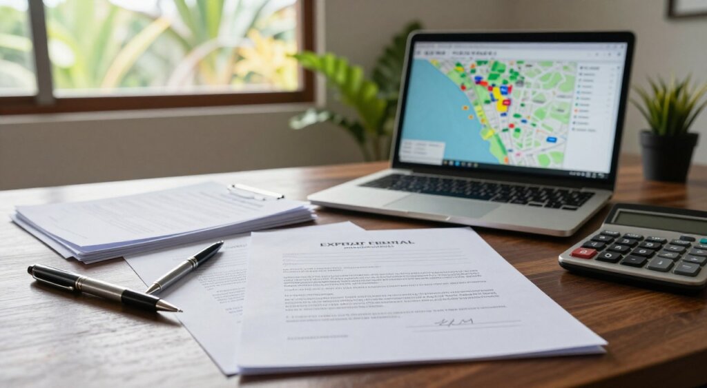 A detailed desk scene featuring neatly organized legal documents related to expat rentals in Canggu. The foreground displays a stack of official rental agreements, highlighted by pens and a calculator, suggesting a meticulous review process. In the middle, a laptop is open, displaying a digital map of Canggu, with its vibrant locations marked. The background includes a softly lit window, allowing natural light to illuminate the space, enhancing the professional atmosphere. The room has tropical decor, reflecting the Balinese culture, with potted plants subtly placed. The mood is focused and serious, ideal for legal considerations, emphasizing the importance of clarity and understanding in rental agreements. Use a wide-angle lens to capture the entire scene in high detail, achieving a documentary-style image.