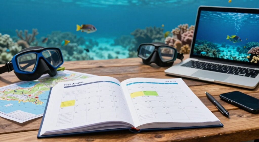 A detailed dive safari planning calendar for Raja Ampat, set against a background of breathtaking underwater vistas. In the foreground, a large, elegant calendar open on a wooden table, showcasing colorful dates highlighted with diving trip deadlines and key notes. Scattered around the calendar are maps, snorkeling gear, and a laptop displaying marine life images, suggesting meticulous planning. In the middle ground, a vibrant display of tropical fish and coral reefs can be subtly glimpsed through the table, with soft natural light illuminating the scene, creating an inviting, adventurous atmosphere. The overall composition captures the excitement and meticulous nature of planning a dive safari, evoking a sense of exploration and relaxation in a professional photojournalism style. A detailed dive safari planning calendar for Raja Ampat, set against a background of breathtaking underwater vistas. In the foreground, a large, elegant calendar open on a wooden table, showcasing colorful dates highlighted with diving trip deadlines and key notes. Scattered around the calendar are maps, snorkeling gear, and a laptop displaying marine life images, suggesting meticulous planning. In the middle ground, a vibrant display of tropical fish and coral reefs can be subtly glimpsed through the table, with soft natural light illuminating the scene, creating an inviting, adventurous atmosphere. The overall composition captures the excitement and meticulous nature of planning a dive safari, evoking a sense of exploration and relaxation in a professional photojournalism style.