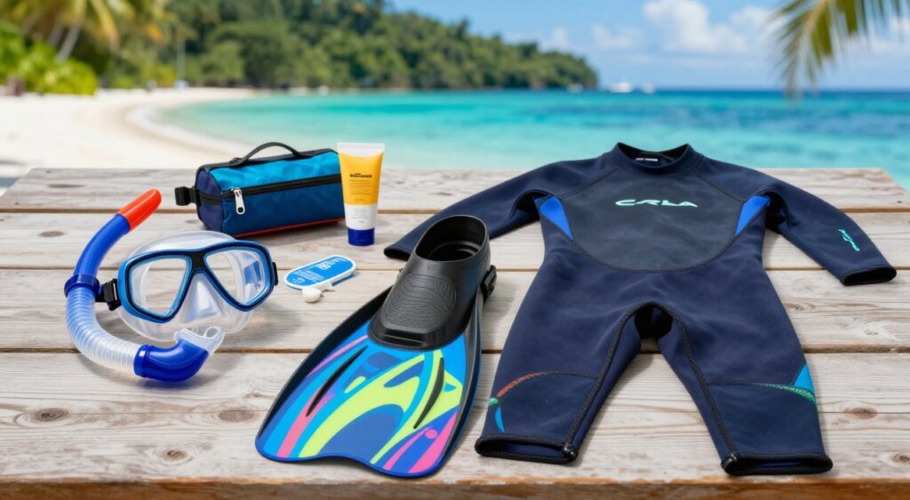 A detailed flat lay of snorkeling gear specifically for Raja Ampat, including a vibrant set of snorkel, mask, fins, and a wetsuit. The foreground features the gear neatly arranged on a natural wooden surface, capturing the colorful designs of the snorkel and mask. In the middle ground, subtle elements such as a waterproof bag and sunblock accompany the snorkeling equipment to emphasize preparedness for the adventure. The background includes a blurred tropical beach scene with azure waters and lush greenery, evoking the beauty of Raja Ampat. Soft, natural lighting enhances the colors of the gear, creating a bright and inviting atmosphere. The composition is shot from a slightly elevated angle, showcasing the essentials clearly without any text or distractions.