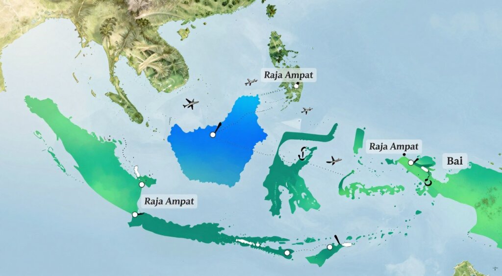 A detailed flight route map depicting the journey from Bali to Raja Ampat, featuring a clear illustration of flight paths overlaying a stylized map of Indonesia. In the foreground, display the main route prominently marked with a vibrant gradient, perhaps using blue and green hues to indicate the ocean and islands. In the middle of the image, depict small plane icons to represent the flights, and include key locations like Bali and Raja Ampat marked with elegant, unobtrusive labels. The background should softly illustrate a satellite view of the Indonesian archipelago, bathed in soft, natural lighting to create a welcoming atmosphere. The overall mood should evoke a sense of adventure and exploration, ideal for travelers considering this route.