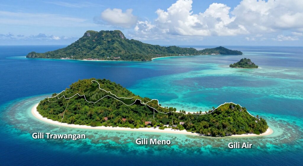 A detailed, geographical map illustration of the Gili Islands, showcasing the three main islands: Gili Trawangan, Gili Meno, and Gili Air. The foreground features labeled silhouettes of the islands with clear outlines and distinct shapes. In the middle ground, incorporate turquoise waters surrounding the islands, with a gentle gradient from deep blue to lighter shades towards the shores. In the background, use soft, realistic clouds to represent the atmosphere above the islands. The map should be vibrant and well-lit, capturing the tropical beauty of the region. Utilize a natural color palette that enhances the lush greenery of the islands and the clarity of the water. Aim for a professional, clean design with a focus on an educational yet visually appealing presentation, perfect for an article about the Gili Islands. A detailed, geographical map illustration of the Gili Islands, showcasing the three main islands: Gili Trawangan, Gili Meno, and Gili Air. The foreground features labeled silhouettes of the islands with clear outlines and distinct shapes. In the middle ground, incorporate turquoise waters surrounding the islands, with a gentle gradient from deep blue to lighter shades towards the shores. In the background, use soft, realistic clouds to represent the atmosphere above the islands. The map should be vibrant and well-lit, capturing the tropical beauty of the region. Utilize a natural color palette that enhances the lush greenery of the islands and the clarity of the water. Aim for a professional, clean design with a focus on an educational yet visually appealing presentation, perfect for an article about the Gili Islands.