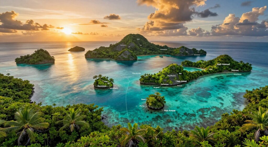 A detailed geographical map of Raja Ampat depicting its unique topography, with vibrant islands surrounded by turquoise waters, in a naturalistic style. In the foreground, lush green mangroves and tropical foliage frame the base of the map, while in the middle ground, the islands are intricately illustrated with labels of key locations for herping activities. The background features a dramatic sunset sky with warm golden light casting reflections on the water. Use a wide-angle perspective to include enough geographical detail, focusing on the biodiversity and habitat richness that make Raja Ampat an ideal herping destination. The atmosphere is serene yet captivating, evoking curiosity about the rich wildlife.