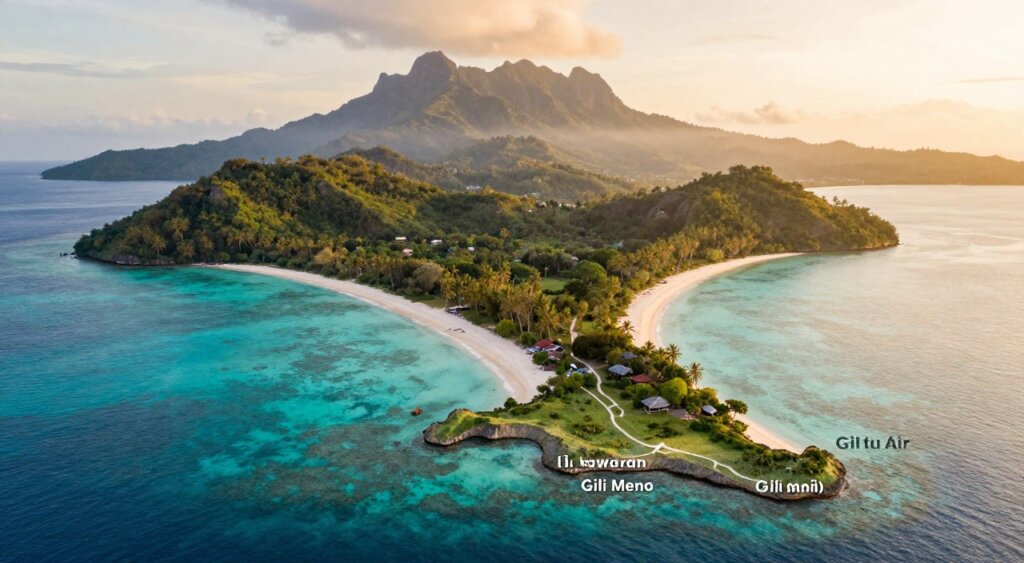 A detailed geographical map of the Gili Islands, showcasing the stunning topography and coastlines of Gili Trawangan, Gili Meno, and Gili Air, set against the backdrop of surrounding Lombok. In the foreground, highlight the clear turquoise waters and white sandy beaches with subtle shading to indicate depth. In the middle, depict lush greenery and tropical vegetation that characterize the islands, along with winding paths and small huts, capturing the essence of local life. In the background, illustrate the mountainous terrain of Lombok, partially shrouded in mist, under a warm, golden sunset that bathes the scene in soft, diffused light. The overall mood should feel serene and inviting, embodying a tropical paradise ambiance. Avoid any text or symbols; focus solely on the natural beauty and geography. A detailed geographical map of the Gili Islands, showcasing the stunning topography and coastlines of Gili Trawangan, Gili Meno, and Gili Air, set against the backdrop of surrounding Lombok. In the foreground, highlight the clear turquoise waters and white sandy beaches with subtle shading to indicate depth. In the middle, depict lush greenery and tropical vegetation that characterize the islands, along with winding paths and small huts, capturing the essence of local life. In the background, illustrate the mountainous terrain of Lombok, partially shrouded in mist, under a warm, golden sunset that bathes the scene in soft, diffused light. The overall mood should feel serene and inviting, embodying a tropical paradise ambiance. Avoid any text or symbols; focus solely on the natural beauty and geography.