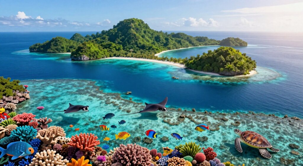 A detailed geographical map of the Raja Ampat archipelago, showcasing its rich marine biodiversity. In the foreground, vibrant coral reefs in various colors, alongside illustrations of diverse marine life like mantas, colorful fish, and sea turtles. The middle layer should feature the islands of Raja Ampat with lush green forests and pristine beaches, rendered in a natural topographical style. In the background, a deep blue ocean with gentle waves under a clear sky, illuminated by soft, natural sunlight. The map should be presented from an aerial perspective, capturing the enchanting beauty of this remote paradise. The mood is serene and inviting, embodying the essence of pristine marine ecosystems. No text or overlays present.
