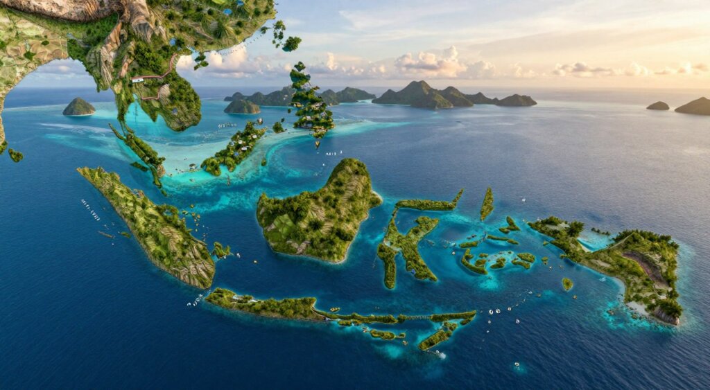 A detailed, high-resolution geographic map of Raja Ampat, Indonesia, showcasing its unique archipelago and marine biodiversity. In the foreground, highlight the various islands, with detailed contours and textures illustrating the rugged terrain and lush greenery. In the middle ground, depict the vibrant blue waters of the surrounding sea, accentuated with varying shades to represent depth and coral reefs. The background features a soft gradient of the sky during golden hour, casting warm light over the scene. Use a panoramic view to capture the expansive geography, ensuring the image has a vivid, photorealistic quality. The mood should be serene and inviting, reflecting the natural beauty and ecological significance of the region.