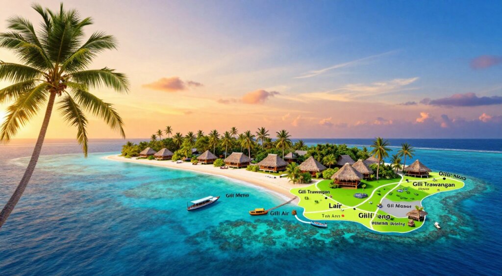 A detailed map of the Gili Islands, showcasing the three main islands: Gili Trawangan, Gili Meno, and Gili Air. The map should feature vibrant colors highlighting beaches, coral reefs, and landmarks, with clear demarcations of land and water. In the foreground, include artistic representations of palm trees swaying gently. The middle ground should depict typical Gili island features such as thatched-roof bungalows and boat paths. The background should display a soft gradient sky transitioning from a warm sunset orange to deep blue. Capture a serene and inviting mood, emphasizing tropical relaxation. The lighting should be warm and inviting, emulating the golden hour. Aim for a polished, high-quality look reminiscent of National Geographic-style photography. A detailed map of the Gili Islands, showcasing the three main islands: Gili Trawangan, Gili Meno, and Gili Air. The map should feature vibrant colors highlighting beaches, coral reefs, and landmarks, with clear demarcations of land and water. In the foreground, include artistic representations of palm trees swaying gently. The middle ground should depict typical Gili island features such as thatched-roof bungalows and boat paths. The background should display a soft gradient sky transitioning from a warm sunset orange to deep blue. Capture a serene and inviting mood, emphasizing tropical relaxation. The lighting should be warm and inviting, emulating the golden hour. Aim for a polished, high-quality look reminiscent of National Geographic-style photography.
