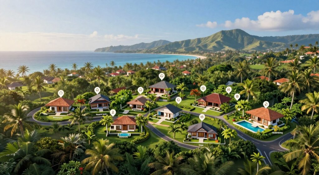 A detailed map representing the villa locations in Amed, Bali. The foreground features an artistic rendering of distinct villa icons, each marked with a subtle symbol indicating unique characteristics like ocean views, gardens, or luxury amenities. In the middle layer, lush tropical greenery surrounds the villa markers, with winding roads and paths connecting them, showcasing the natural beauty of the area. The background captures the serene coastline of Amed with gently rolling hills under a clear blue sky, creating a tranquil and inviting atmosphere. Soft sunlight casts warm tones across the scene, enhancing the vivid colors of the landscape. The overall composition is designed to be visually appealing and informative, with a focus on clarity and aesthetics, ideal for a professional article.