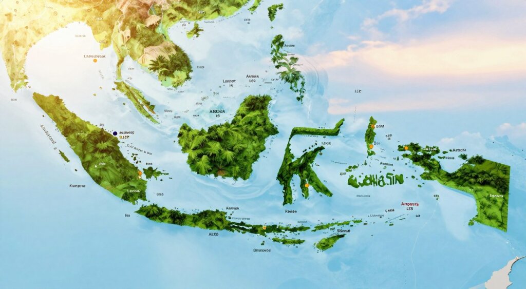 A detailed map showcasing airport codes in Indonesia, with a focus on Lombok Airport (LOP). The foreground features distinct and vibrant markers indicating major airports, each labeled with their respective codes in elegant font. In the middle, the map displays the Indonesian archipelago, highlighted with lush green islands and clear blue waters, conveying a tropical atmosphere. The background features a subtle gradient sky, transitioning from bright daylight to a soft sunset, enhancing the warmth of the region. The image should have a high-resolution, professional photojournalism quality, with natural lighting that highlights the details of the map’s features. The layout should be clean and organized, providing a visually engaging representation of Indonesia's airport codes without any text overlays or distractions.