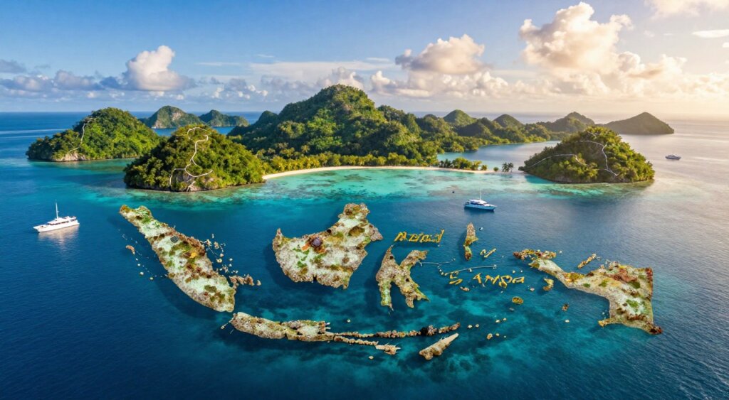A detailed, professional geographical map of Raja Ampat, Indonesia, showcasing the stunning topography and intricate geography of the region. In the foreground, vibrant coral reefs and diverse marine life are depicted alongside luxurious yachts anchored in crystal-clear waters. The middle layer features the lush, green islands of Raja Ampat, with visible hiking trails and beaches highlighted. In the background, a clear blue sky with soft, fluffy clouds casts a warm sunlight over the scene, enhancing the tranquil atmosphere. The composition should capture a bird's-eye view angle, allowing for a comprehensive perspective of the geography and the luxurious experience of yacht cruising in this pristine location. The overall mood is serene and inviting, reflecting the beauty and allure of Raja Ampat.