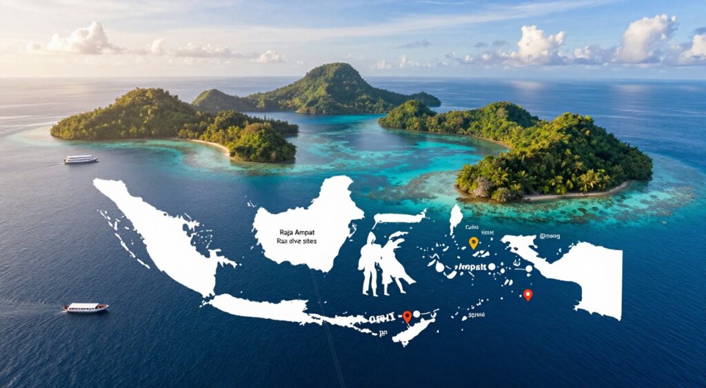 A detailed, professional map of top dive sites in Indonesia, focusing specifically on the Raja Ampat area. In the foreground, illustrate distinct, colorful markers identifying dive locations, boats, and coral reefs. The middle ground should depict an aerial view of the stunning landscape of Raja Ampat, showcasing its lush green islands and vibrant blue waters. The background features clear skies, with soft, warm sunlight illuminating the scene, highlighting the natural beauty of the marine environment. Use a realistic, high-resolution style akin to National Geographic photojournalism, capturing the essence of biodiversity and adventure in marine exploration. Aim for a tranquil and inviting mood, emphasizing accessibility to these renowned dive sites. No text or watermarks present.
