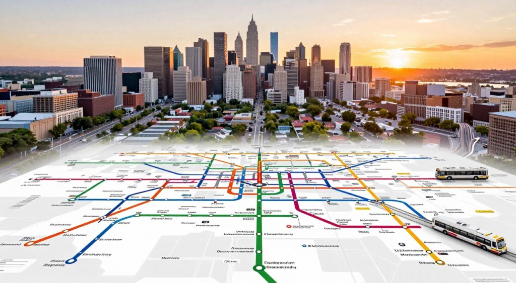 A detailed public transportation network map showcasing various transit options across a bustling urban landscape in the U.S. In the foreground, highlight colorful subway lines, bus routes, and train tracks elegantly intertwined with clear, distinct shapes, emphasizing usability and connectivity for residents. The middle-ground features an aerial perspective of a city skyline with diverse buildings, parks, and residential areas, all connected by these transport lines. In the background, a vibrant sunset casts a warm glow over the scene, creating an engaging, optimistic atmosphere. The image should use soft lighting to enhance clarity and contours, with a wide-angle lens effect to capture the complexity of the network, embodying a professional photojournalistic style reminiscent of National Geographic quality. The overall mood conveys efficiency, accessibility, and the essence of urban life.