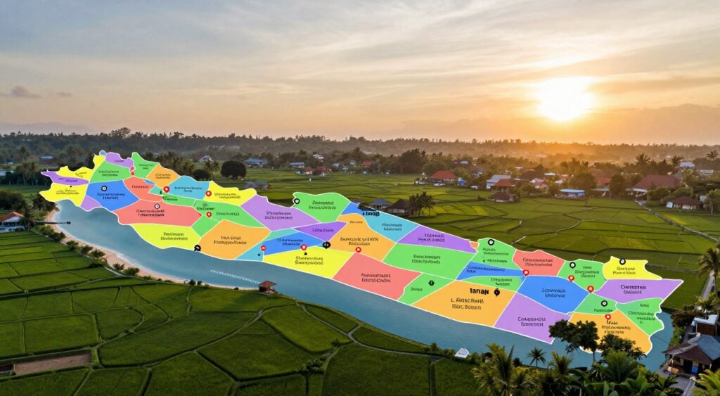 A detailed, realistic location map of Canggu, Bali, showcasing the distinct postal codes within the area. In the foreground, highlight key landmarks, such as local beaches, rice paddies, and popular cafes, with clear indicators for each location. The middle section features the postal code boundaries in vibrant colors, creating a visually appealing contrast against the lush green landscape. The background presents a gentle sunset over the horizon, casting warm, golden light across the scene, enhancing the map's details. Capture the essence of Canggu's relaxed atmosphere, with soft, inviting colors and a clear, spacious layout. Use a slight aerial perspective to give viewers a comprehensive view of the area, emphasizing both geography and connectivity. No text overlays or markings should be included.