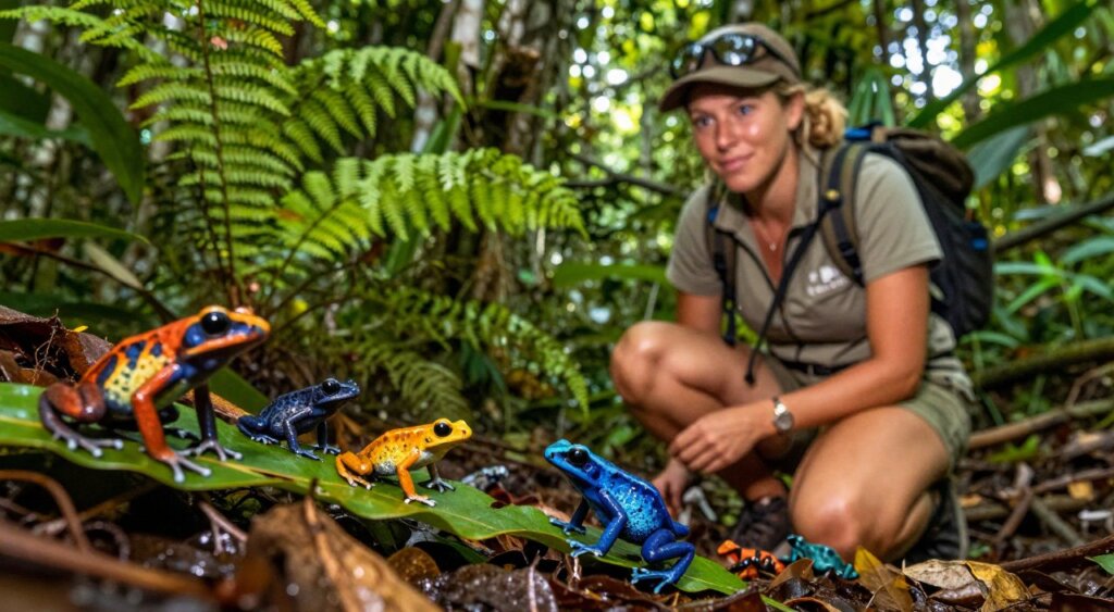 A detailed scene capturing the essence of herping in Raja Ampat, showcasing a professional herpetologist in modest casual clothing, kneeling on a vibrant tropical forest floor. In the foreground, a variety of colorful amphibians and reptiles are in focus, with a small, vivid blue poison dart frog perched on a leaf. In the middle ground, lush green ferns and tropical plants create a rich, textured backdrop. The background features dense jungle foliage under dappled sunlight filtering through the canopy, creating a warm and inviting atmosphere. The image is shot at eye level with a shallow depth of field, emphasizing the subject and wildlife while blurring the surrounding greenery slightly. The mood conveys excitement and discovery, perfectly reflecting the adventurous spirit of herping in this unique environment.