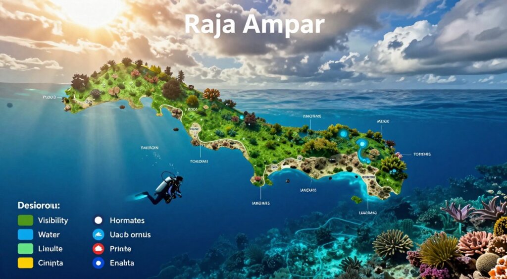 A detailed seasonal dive conditions chart for Raja Ampat, illustrating varying oceanographic factors essential for divers. In the foreground, vibrant icons represent different dive conditions such as visibility, water temperature, and current strength, each with distinct colors and sizes. The middle layer features a beautifully illustrated map of Raja Ampat with its islands, coral reefs, and dive sites highlighted, using rich blues and greens to evoke the region's lush marine scenery. In the background, subtle gradients represent seasonal weather patterns, transitioning from warm sunny skies to cooler, cloudier conditions. The lighting is bright and inviting, mimicking a clear day underwater, capturing the mood of adventure and exploration. The image is crafted in high-resolution photojournalistic style, showcasing National Geographic quality without any text or branding.