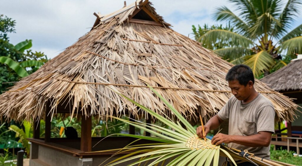 A detailed, step-by-step illustration of the Bali thatching installation process. In the foreground, skilled artisans in modest, casual clothing carefully weave together dried palm fronds, showcasing traditional techniques with tools like a machete and rope. The middle ground reveals the partially completed thatched roof of a Balinese structure, emphasizing the texture and layering of the fronds. The background features lush tropical foliage and a clear blue sky, with soft, natural lighting highlighting the vibrant greens and browns of the scene. The atmosphere is serene and focused, capturing the meticulous craftsmanship and cultural heritage involved in creating authentic Bali thatch roofing.