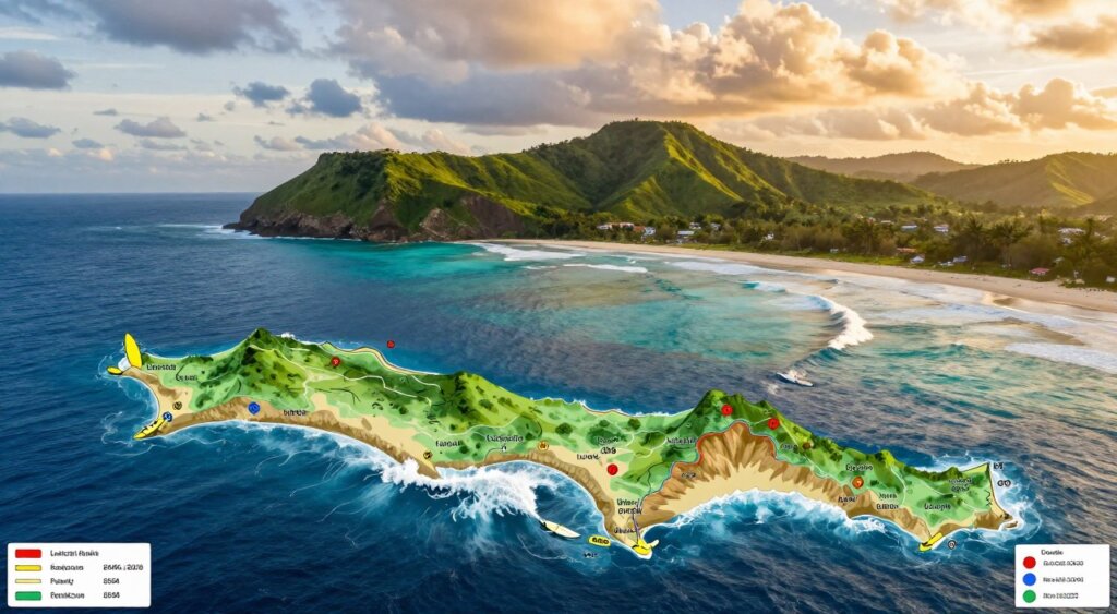 A detailed surf map of Lombok showcasing the island's renowned surf breaks, emphasizing the unique coastal topography and wave formations. In the foreground, intricately illustrated surf break locations, labeled with vibrant color-coded markers indicating wave quality and difficulty levels. The middle layer features a panoramic view of Lombok's coastline, with lush green hills and turquoise waters transitioning to deep blue, capturing the dynamic energy of the ocean. In the background, soft clouds drift over the horizon during a golden hour sunset, illuminating the scene with warm golden light. The overall atmosphere reflects the thrill and adventure of surfing, inviting viewers to explore and understand Lombok's surf culture and geography, all in a realistic, photojournalism style reminiscent of National Geographic. A detailed surf map of Lombok showcasing the island's renowned surf breaks, emphasizing the unique coastal topography and wave formations. In the foreground, intricately illustrated surf break locations, labeled with vibrant color-coded markers indicating wave quality and difficulty levels. The middle layer features a panoramic view of Lombok's coastline, with lush green hills and turquoise waters transitioning to deep blue, capturing the dynamic energy of the ocean. In the background, soft clouds drift over the horizon during a golden hour sunset, illuminating the scene with warm golden light. The overall atmosphere reflects the thrill and adventure of surfing, inviting viewers to explore and understand Lombok's surf culture and geography, all in a realistic, photojournalism style reminiscent of National Geographic.